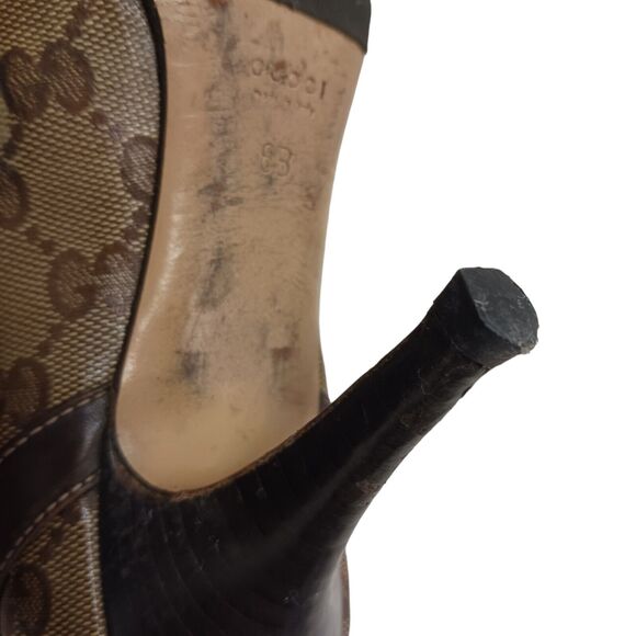 Rare Gucci GG Pumps Heels Sz 6 B BRASS GOLD BOWS Crystal Coated Canvas Classic - Picture 13 of 16